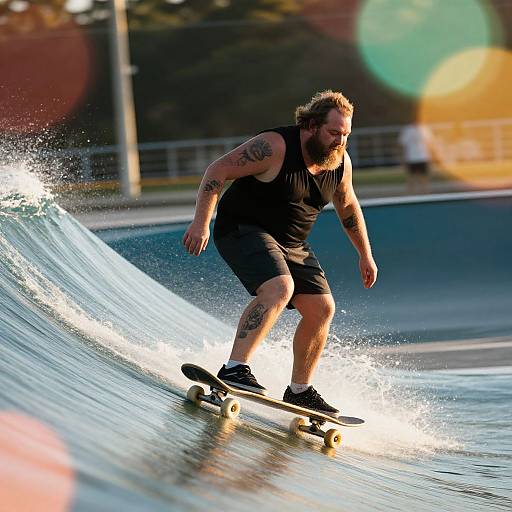 Tattooed Man Longboarding on Wave