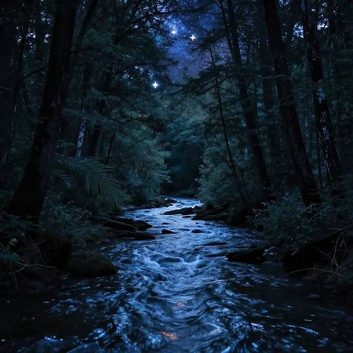 Moonlit forest stream photograph: Blue-tinted, flowing water under starry night sky, surrounded by dark, shadowy trees and ferns.