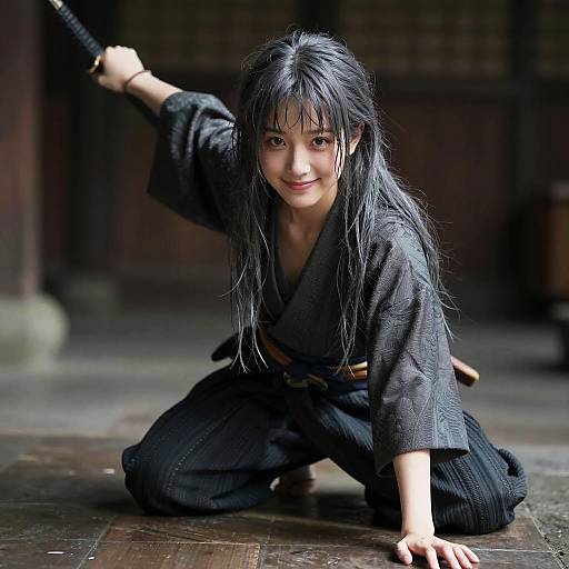 Photograph of a young Asian woman with long black hair, kneeling on a wooden floor in a dark traditional dojo, wearing a black kimono, holding