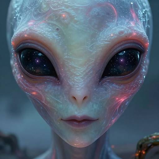 Close-up CGI of a glowing, alien creature with large, dark, starry eyes and a textured, translucent white face, illuminated by pink and blue