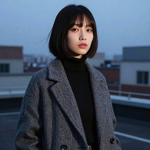 Young Woman with Stacked Bob Haircut on Urban Rooftop