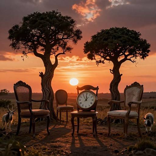 Photograph of a sunset with silhouetted acacia trees, antique chairs, and a clock in the foreground, antelopes grazing nearby.