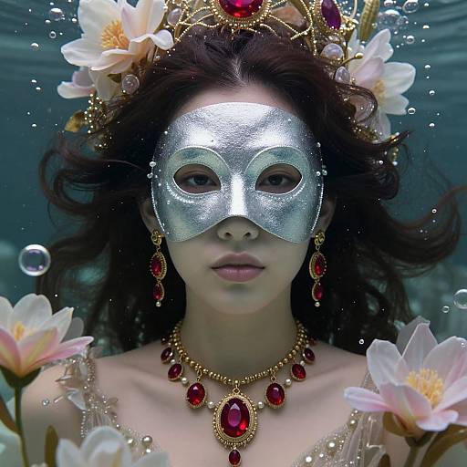Photograph of an Asian woman underwater, wearing a silver mask, red gemstone necklace, earrings, and flower crown with pink lotus flowers.