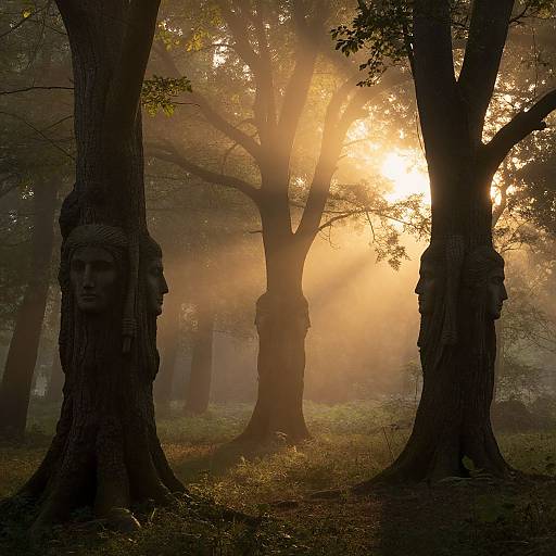 Photograph of a misty forest at sunrise, with sunlight streaming through tall trees. Three tree trunks feature carved human-like face profiles. Warm golden