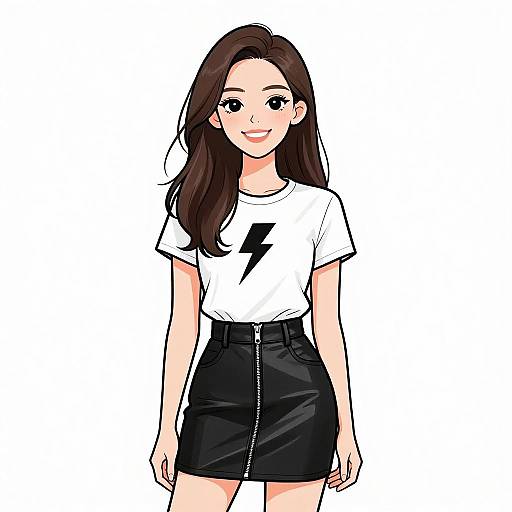 Digital anime-style drawing of a smiling young woman with long brown hair, wearing a white T-shirt with a lightning bolt, and a black high-wa