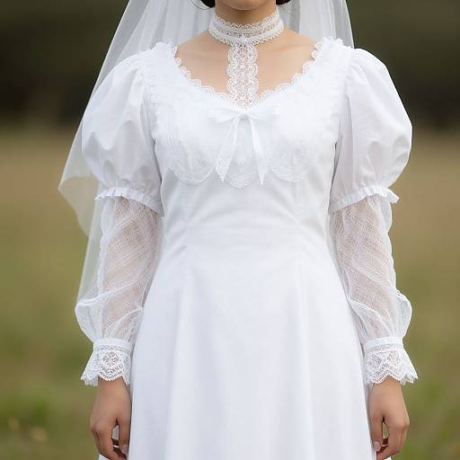 Photograph of a woman in a white lace-trimmed wedding dress with puffed sleeves, sheer lace cuffs, and a delicate choker, standing