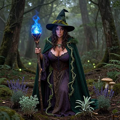 Digital art: Enchanted forest witch with dark green cloak, black hat, glowing blue flame, large breasts, dark lace dress, surrounded by mushrooms