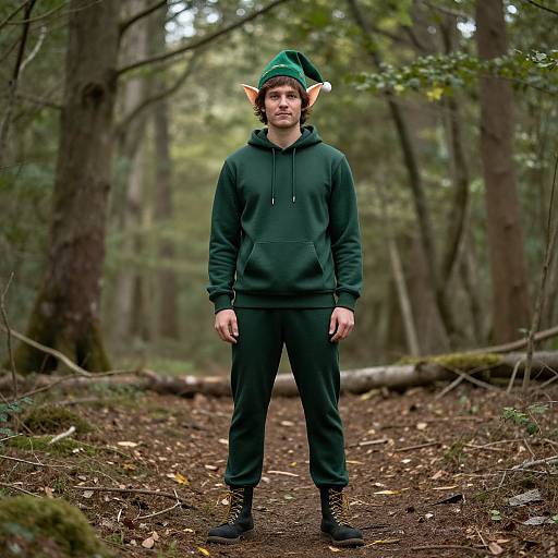 Photograph of a man in a forest, wearing a green elf costume with pointed ears, hoodie, pants, and boots, standing on a dirt path