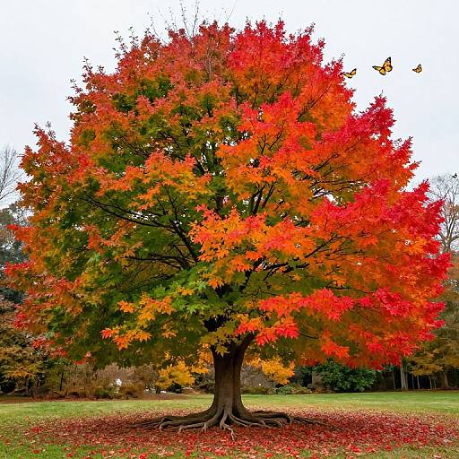 Photograph of a large tree with vibrant red and orange autumn leaves, green foliage, and a brown trunk, standing in a grassy park with scattered