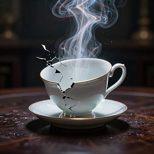 Photograph of a white porcelain teacup with gold trim, emitting blue smoke, and cracked with visible splinters, sitting on a glowing saucer