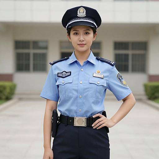 Photograph of an Asian female police officer in light blue uniform, black hat, and pants, standing confidently in front of a building.