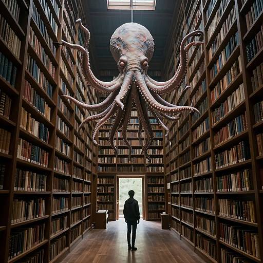 Photograph of a silhouetted person walking down a library aisle with towering wooden bookshelves and a large, metallic octopus sculpture hanging overhead
