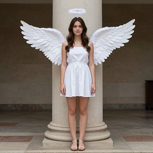 Photograph of a young woman with long brown hair, wearing a white angelic dress, white wings, halo, and sandals, standing in front of