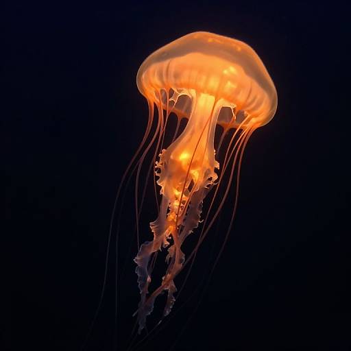 Photograph of a vibrant, orange-yellow jellyfish with translucent, glowing bell and long, trailing tentacles against a dark blue background.