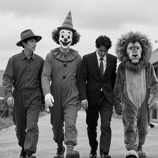 Black-and-white photo of four diverse characters walking