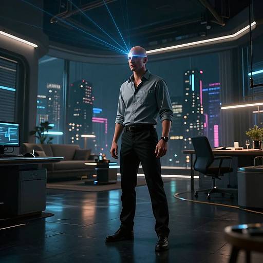 Cyberpunk scene: Bald man with glowing blue visor, grey shirt, black pants, standing in futuristic office with neon cityscape view.
