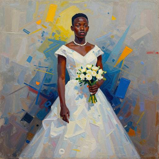 Abstract oil painting of a dark-skinned bride in a white dress, holding a bouquet of white flowers, wearing a pearl necklace. Background features vibrant blue