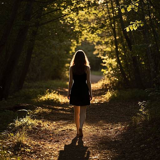 Photograph of a silhouetted woman with long curly hair, wearing a black dress, walking down a sunlit forest path, surrounded by golden