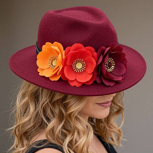 Photograph of a woman with wavy blonde hair wearing a deep burgundy felt hat adorned with vibrant orange, red, and dark burgundy fabric flowers