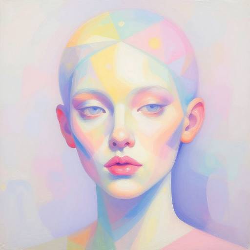 Digital portrait of a bald, androgynous figure with glowing, multicolored light effects on a white background, featuring soft, pastel hues