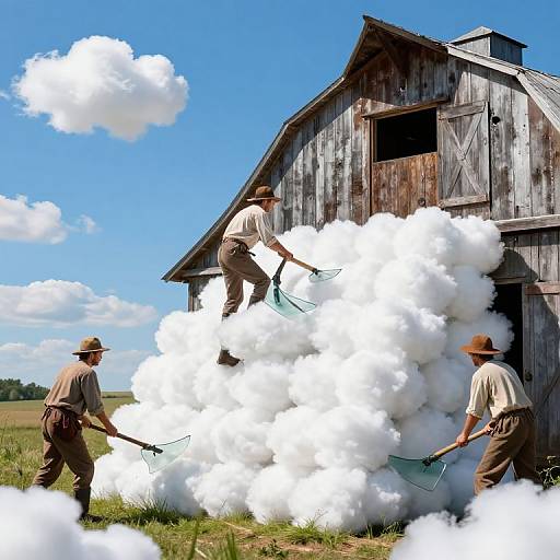Photograph of three men in brown hats and shirts, using pitchforks to spread large clouds of white cotton in front of a weathered wooden barn