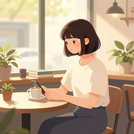 Digital anime-style illustration of a young woman with short black hair, wearing a white shirt and blue jeans, sipping tea at a sunlit café table