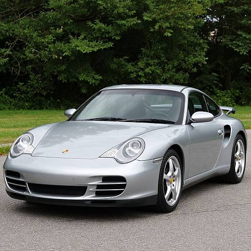 Photograph of a silver Porsche Cayman sports car with sleek design and silver rims, parked on a paved road with lush green trees in the background.