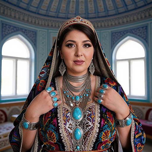Photograph of a South Asian woman in traditional attire, wearing a colorful embroidered veil, silver jewelry, and blue turquoise accents, standing in an ornately