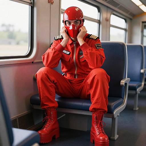 Confident Red-Clad Pilot on Train