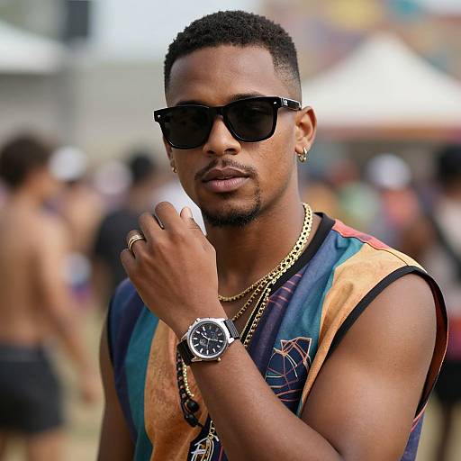 Photograph of a muscular Black man with short hair, black sunglasses, gold chains, and a colorful sleeveless shirt, standing confidently outdoors at a crowded