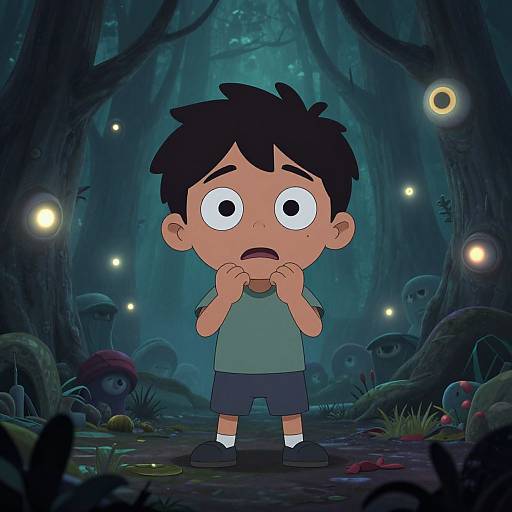 Scared Kid in Spooky Forest