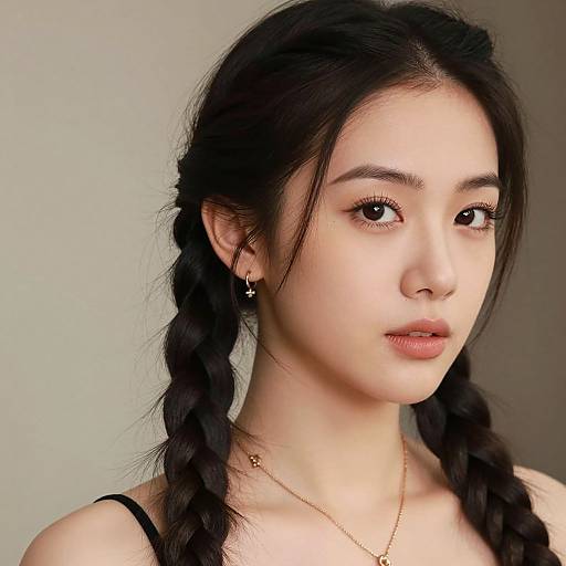 Photograph of a young Asian woman with fair skin, black braided hair, wearing black spaghetti straps, gold necklace, and small earrings, against a