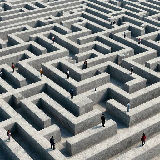Aerial photograph of a large, gray concrete maze with seven small, colorful figures navigating through its intricate, shadowy pathways.
