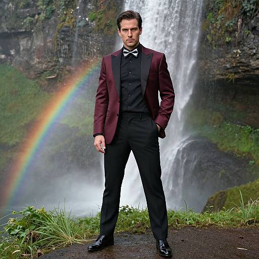 Photograph of a handsome man in a maroon tuxedo with black bowtie, standing confidently in front of a waterfall and rainbow.
