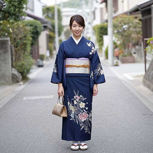 Photograph of a smiling Japanese woman in a navy floral kimono with white and pink flowers, holding a beige handbag, standing on a sunlit