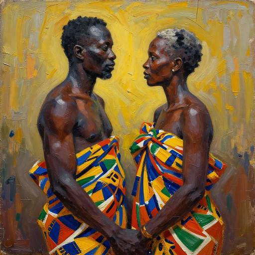 Black Couple in Kente Cloth Oil Painting