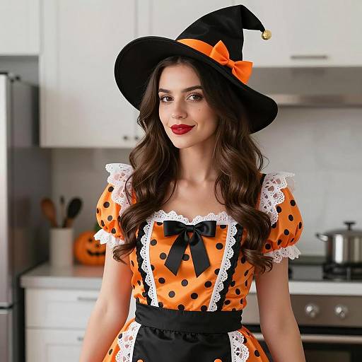 Woman in Halloween Witch Costume in Kitchen