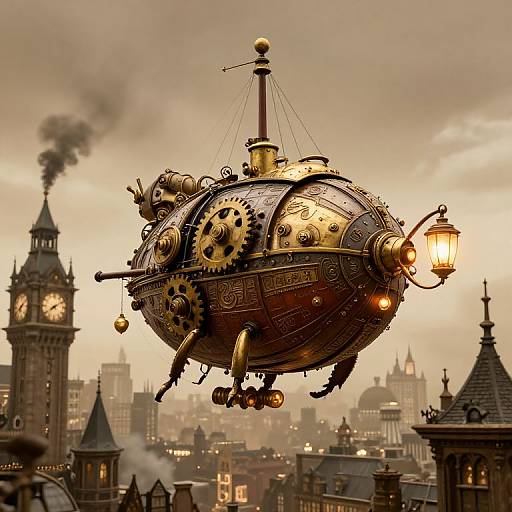 Steampunk Beetle Airship Over Victorian City