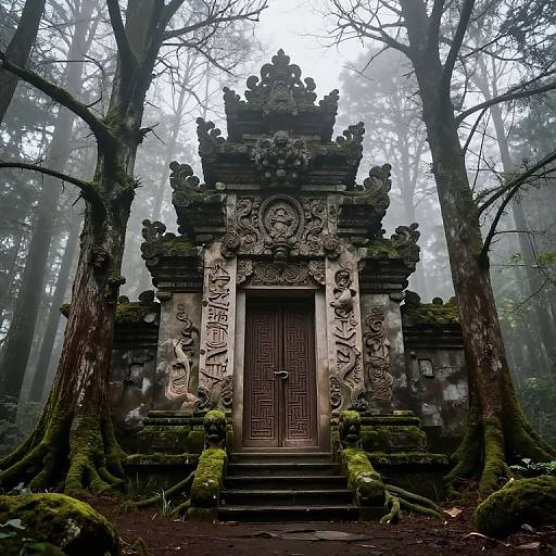 Photograph of an ornate, moss-covered, ancient stone temple door with intricate carvings, set in a misty, foggy forest.