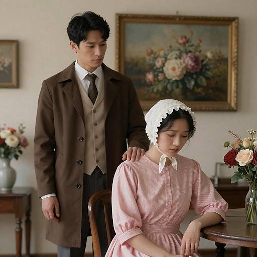 Man Comforts Sad Woman Wearing Vintage Clothing