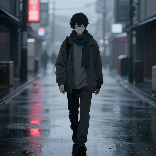 Anime-style digital drawing of a black-haired, serious-eyed young man in dark clothes walking down a rainy, neon-lit urban street.