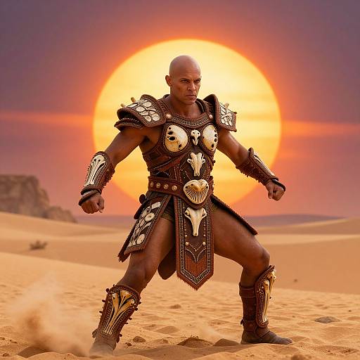 Photograph of a muscular Black man in elaborate, gold-embellished gladiator armor, standing in a desert with a large, glowing orange sun