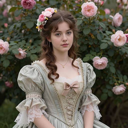 Photograph of a young woman with fair skin, brown wavy hair, wearing an ornate, Victorian-style dress with puffed sleeves, and a