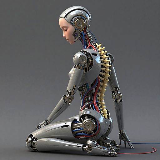CGI image of a female robot kneeling, showcasing metallic joints, exposed wires, and a spine made of yellow gears, against a gray gradient background.