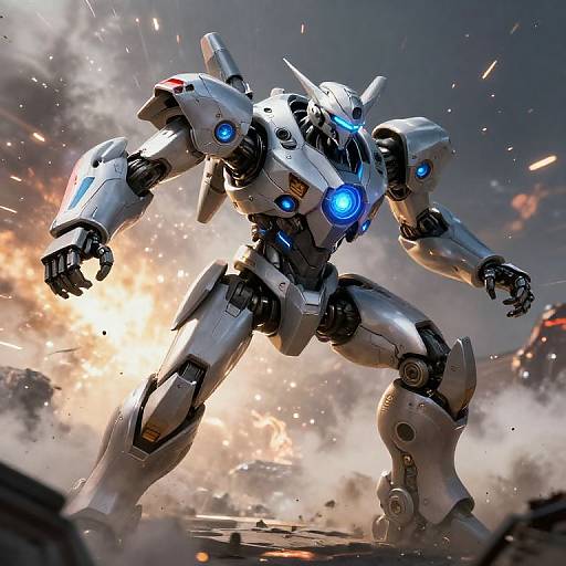 CGI image of a silver, glowing blue-eyed robotic warrior standing amidst a fiery explosion, with dynamic lighting and sparks.