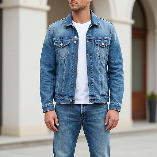 Photograph of a man with light skin wearing a blue denim jacket, white t-shirt, and blue jeans, standing outdoors in front of a white building