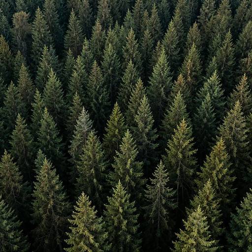 Aerial photograph of a dense, lush evergreen forest with tall, green pine trees, showcasing varying shades of green and a textured canopy from a top
