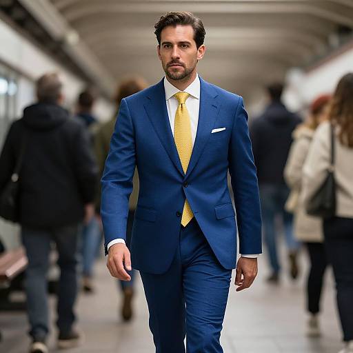 Photograph of a handsome, bearded man in a blue suit, white shirt, and yellow tie, walking in a blurred subway tunnel.