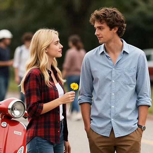 Photograph of a blonde woman in a red plaid shirt and jeans holding a dandelion, standing and talking to a brown-haired man in a
