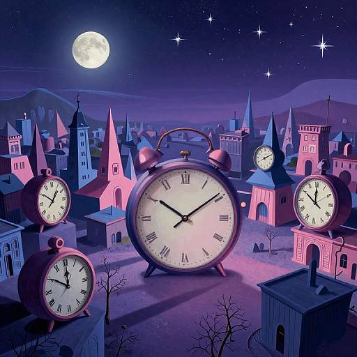 Digital illustration of a moonlit, purple-hued village with large, glowing clocks around Gothic-style buildings, surrounded by starry night sky.